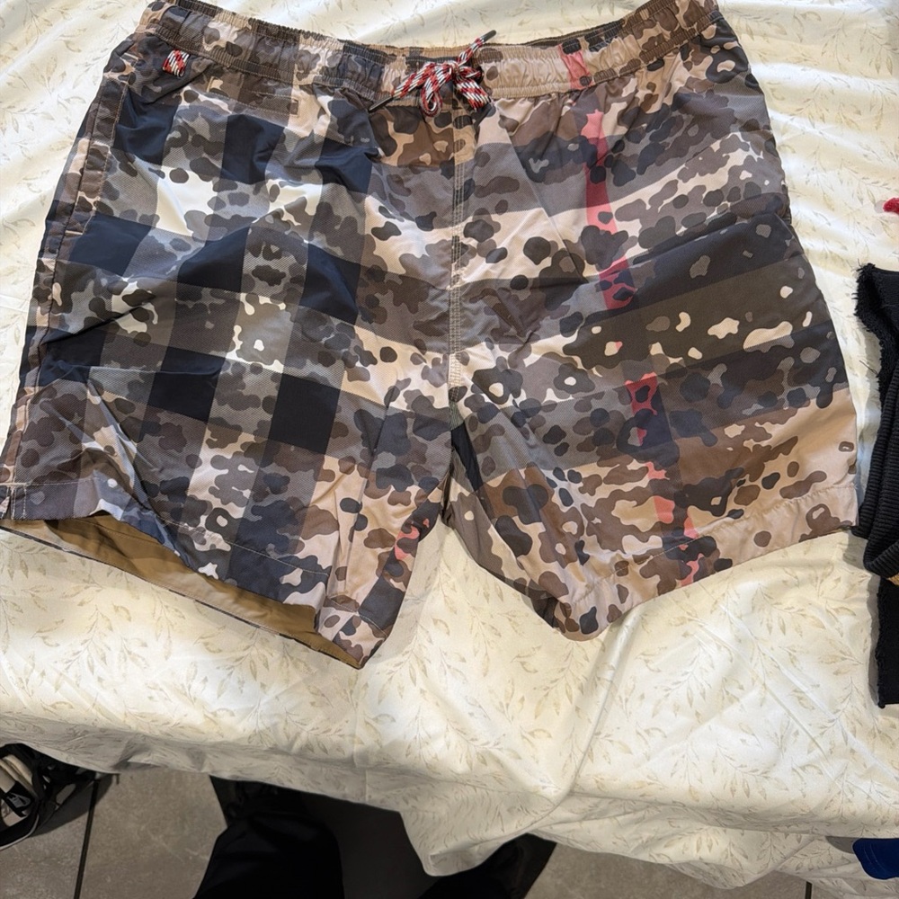 Burberry Men's Brown Camouflage Check Swim Board Shorts with Red Accent